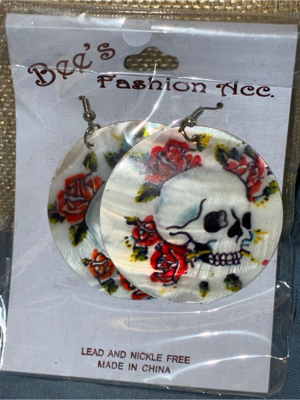 White Mother-of-Pearl Skull & Red Rose Drop Earrings